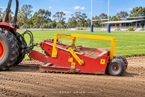 Red and yellow scraper at rugby grounds — application concept