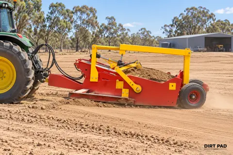 Red scraper grading an Australian dirt pad — application concept