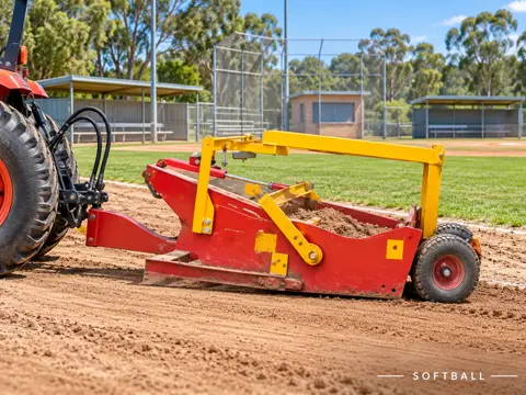 Red-and-yellow scraper prepares softball infield — application concept