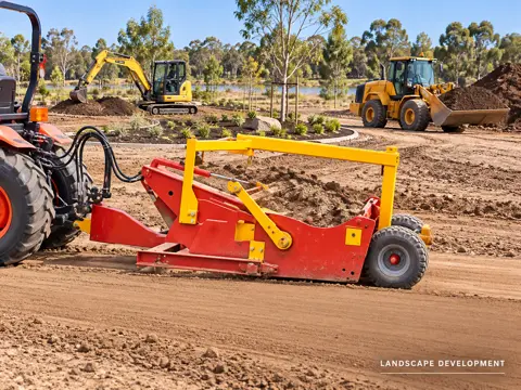 Park landscape grading with red scraper — application concept