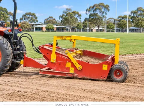 Tractor-towed scraper at school sports oval — application concept