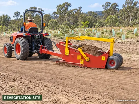 Red scraper grading a revegetation plot — application concept