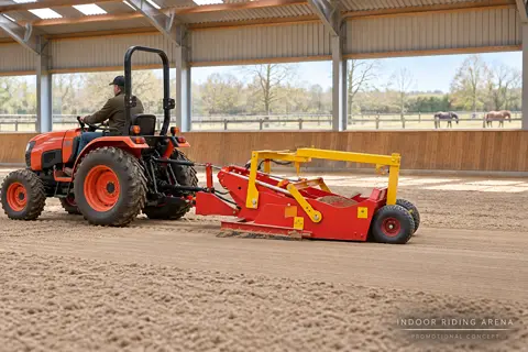 Red scraper grooms indoor riding arena — application concept