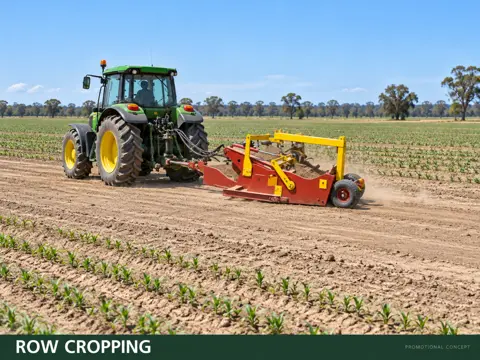 Compact scraper leveling young crop rows — application concept