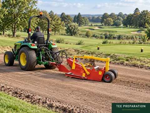 Red Tractor Prepares a Golf Tee — application concept